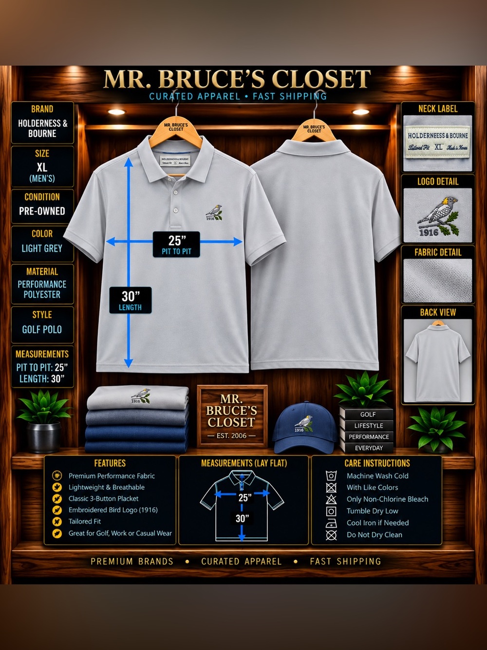 Holderness & Bourne Light Gray Performance Golf Polo - XL